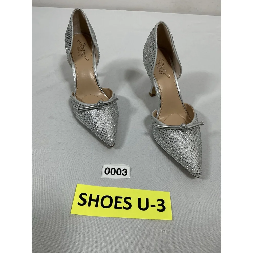 Woman’s NWOT Jewel Badgley Michka Slip On Stiletto Pumps 7 Silver Rhinestone Bow - Picture 3 of 8